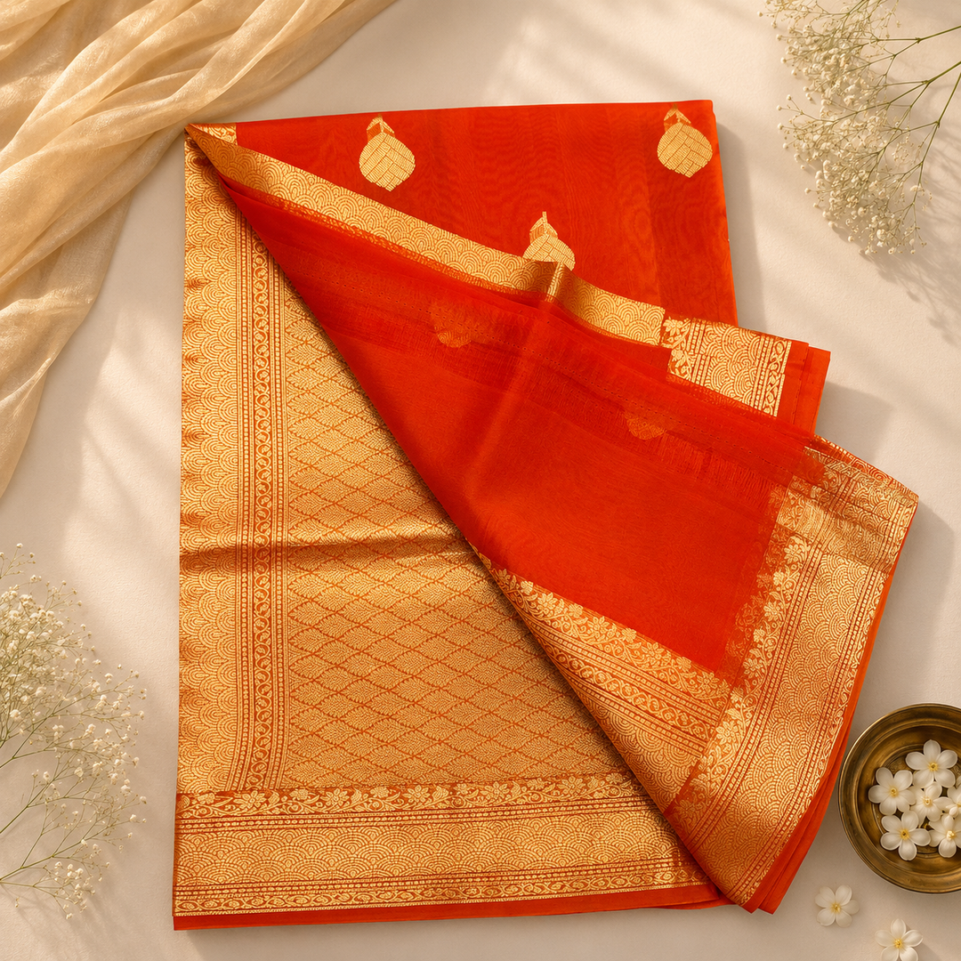 Vibrant Orange Pure Kora With Gold Zari Banarasi Saree