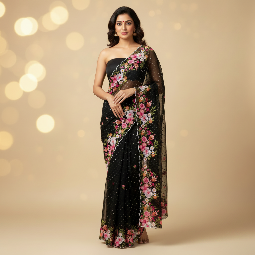 Midnight Black Georgette Saree with Multi-Color Kashmiri Embroidery