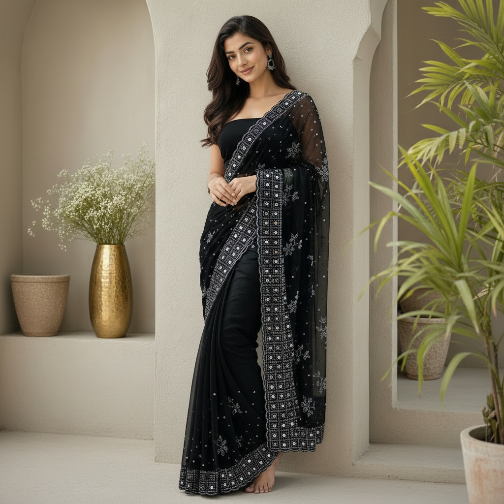 Midnight Black Georgette Saree with Elaborate Mirror Work Border