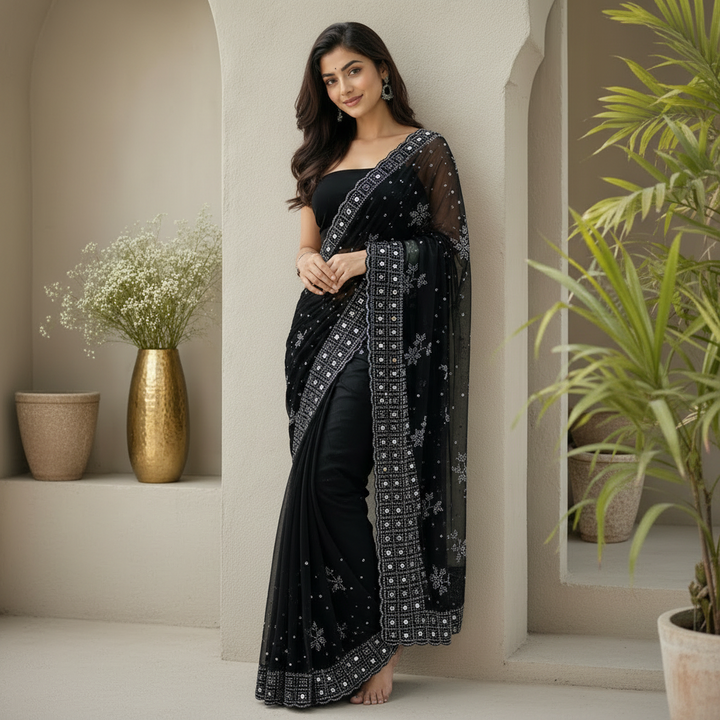 Midnight Black Georgette Saree with Elaborate Mirror Work Border