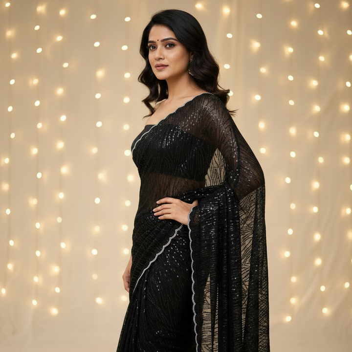 Midnight Black 60-Gram Georgette Saree with Zarkan Stone Border