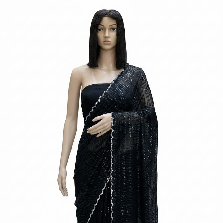 Midnight Black 60-Gram Georgette Saree with Zarkan Stone Border