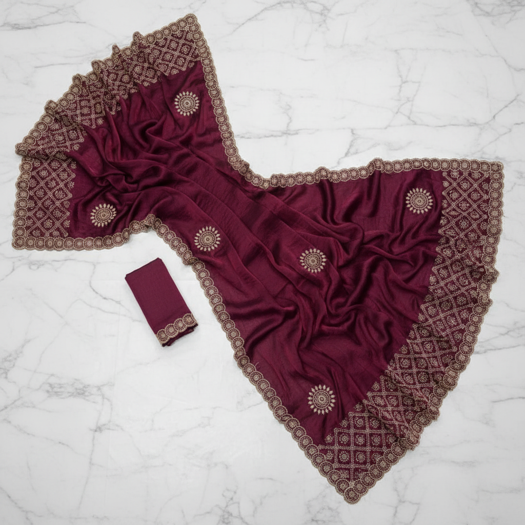 Midnight Maroon Shimmer Satin Saree