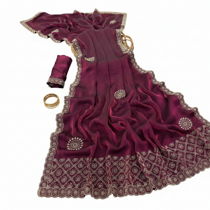 Midnight Maroon Shimmer Satin Saree