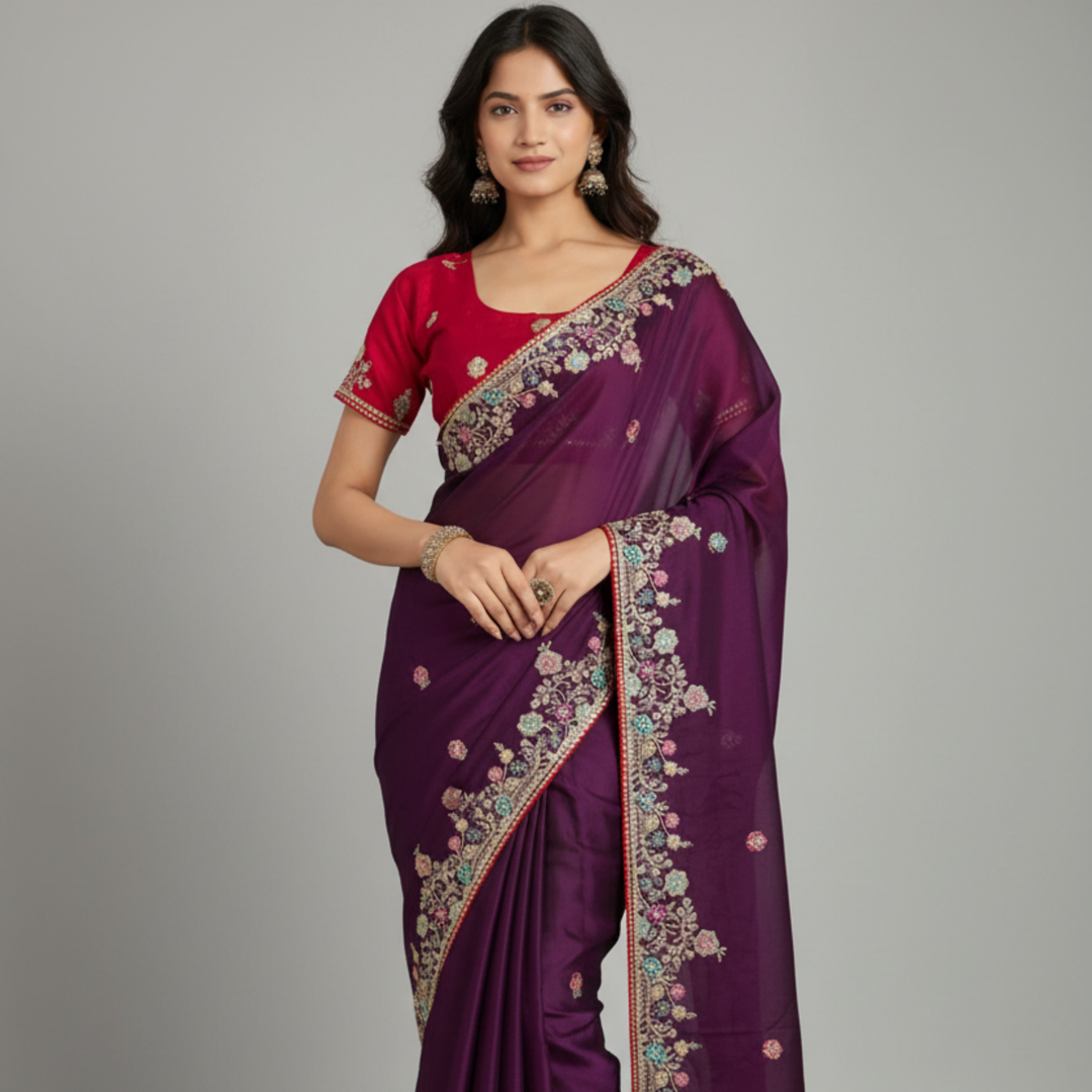Woman wearing a deep wine saree with floral patterns