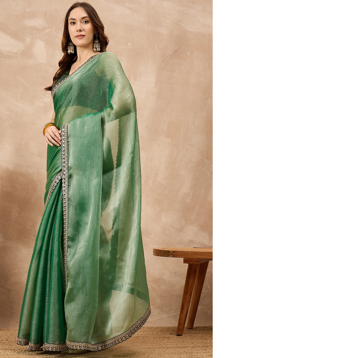Green Organza Solid With Embroidered Border Saree