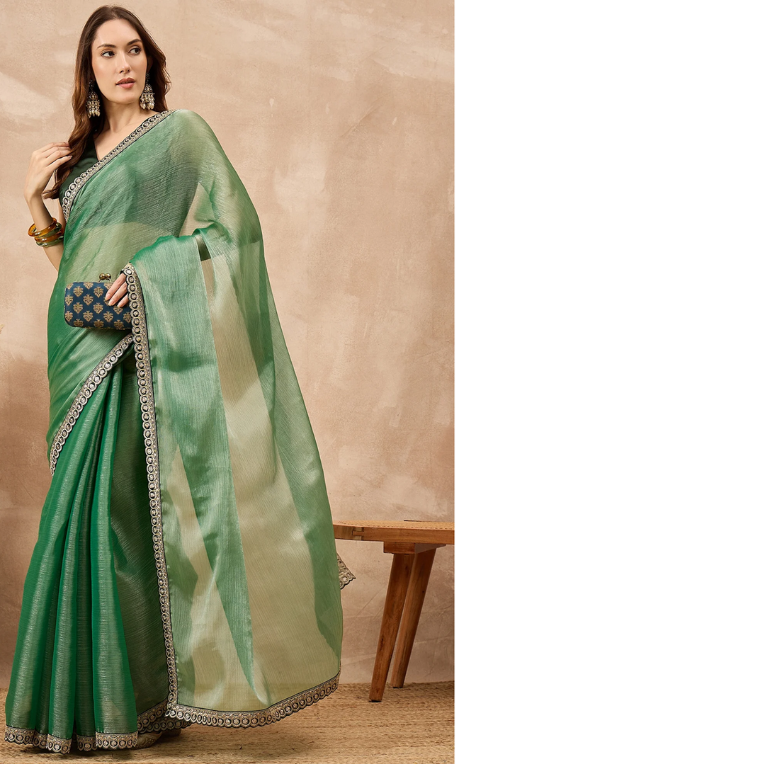 Green Organza Solid With Embroidered Border Saree