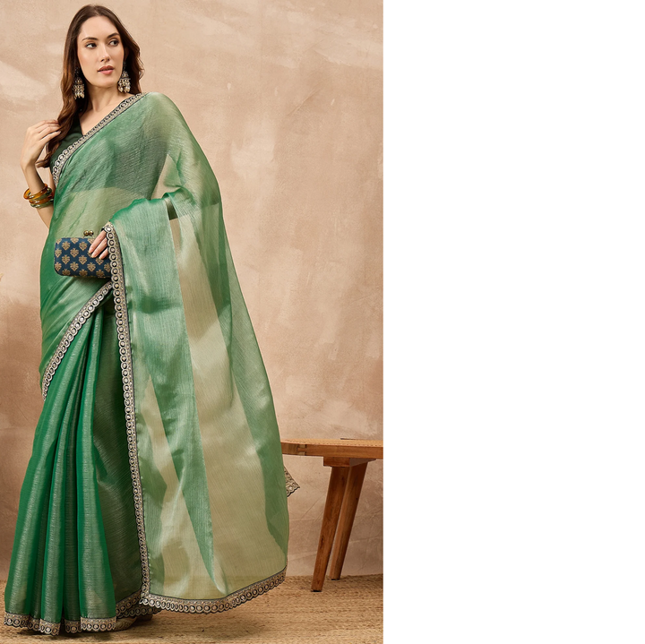 Green Organza Solid With Embroidered Border Saree