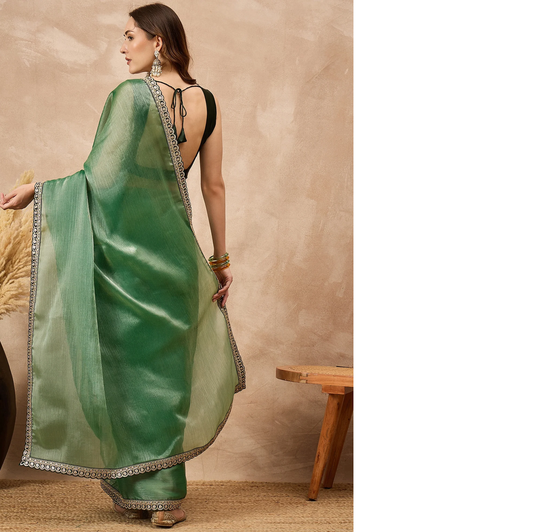 Green Organza Solid With Embroidered Border Saree