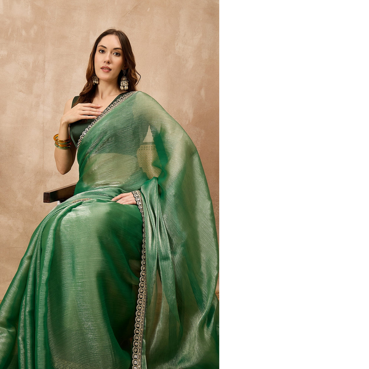 Green Organza Solid With Embroidered Border Saree