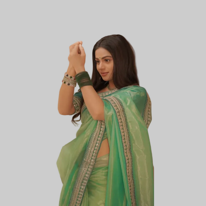 Mint Green Twill Net Saree with Shimmering Sequin Embroidery Border