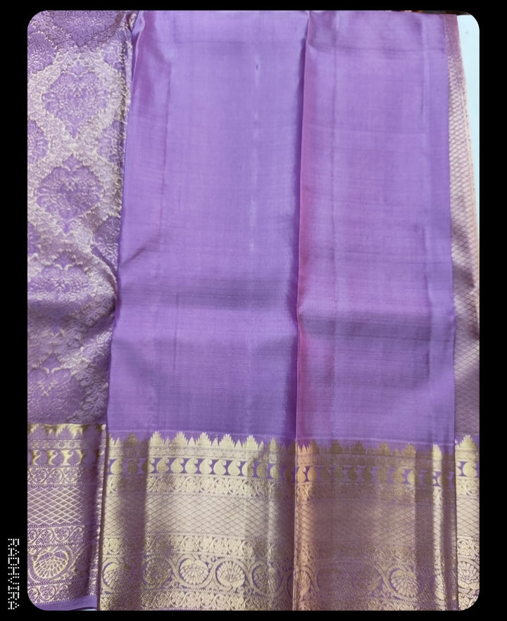 Lavender Pure Silk Kanchipuram Saree with Intricate Gold Zari Border