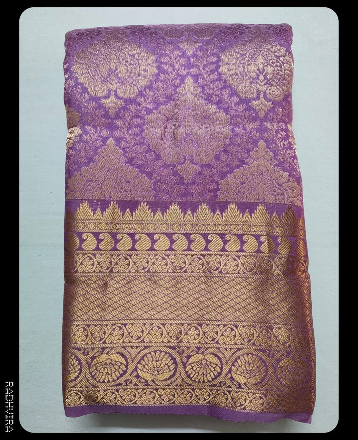 Lavender Pure Silk Kanchipuram Saree with Intricate Gold Zari Border