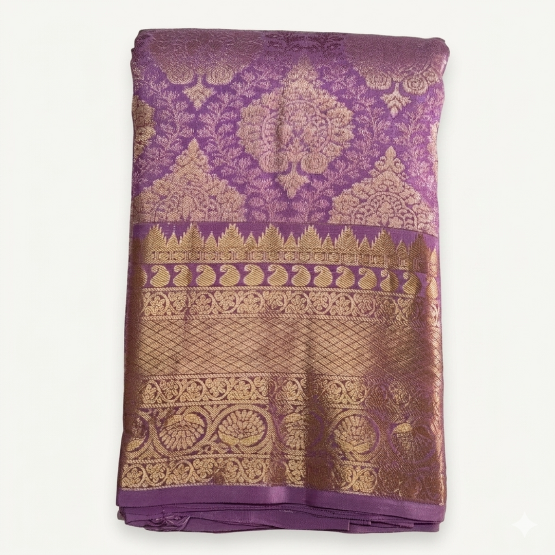 Purple and gold patterned fabric on a white background