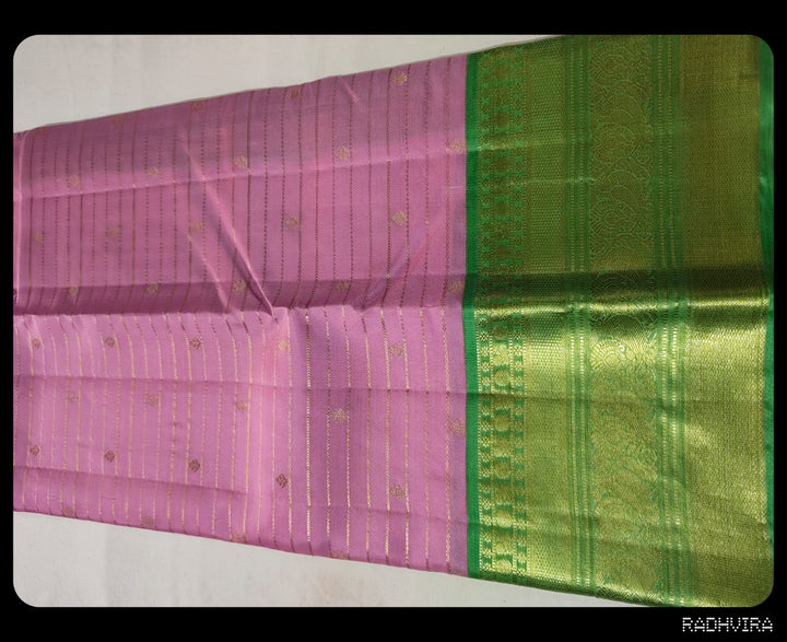Lilac Pink Pure Kanchipuram Silk Saree with Parrot Green Border