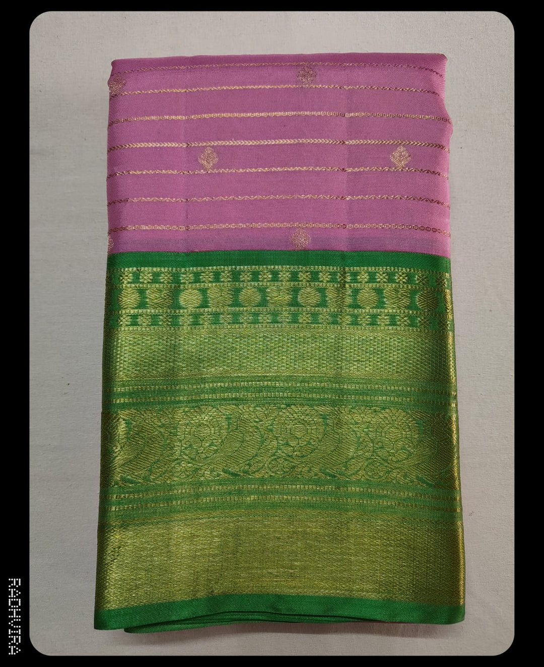 Lilac Pink Pure Kanchipuram Silk Saree with Parrot Green Border