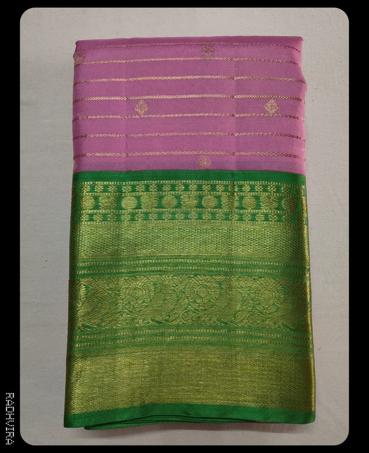 Lilac Pink Pure Kanchipuram Silk Saree with Parrot Green Border
