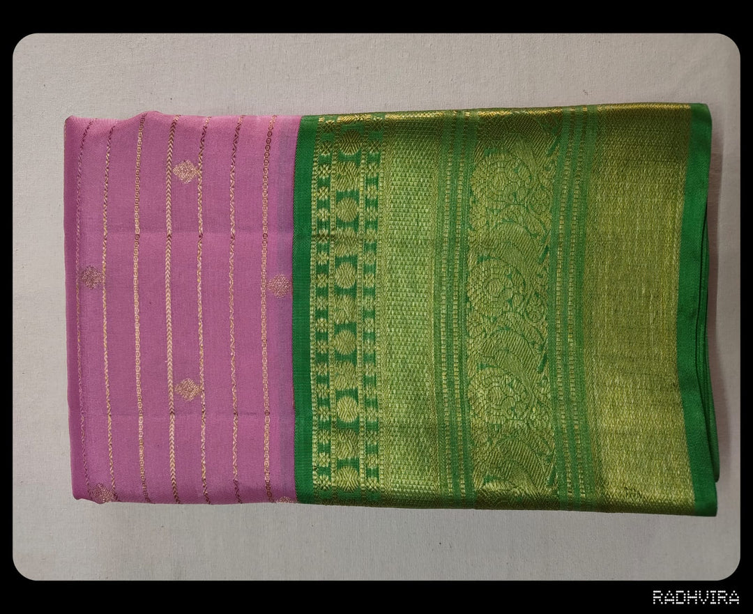 Lilac Pink Pure Kanchipuram Silk Saree with Parrot Green Border