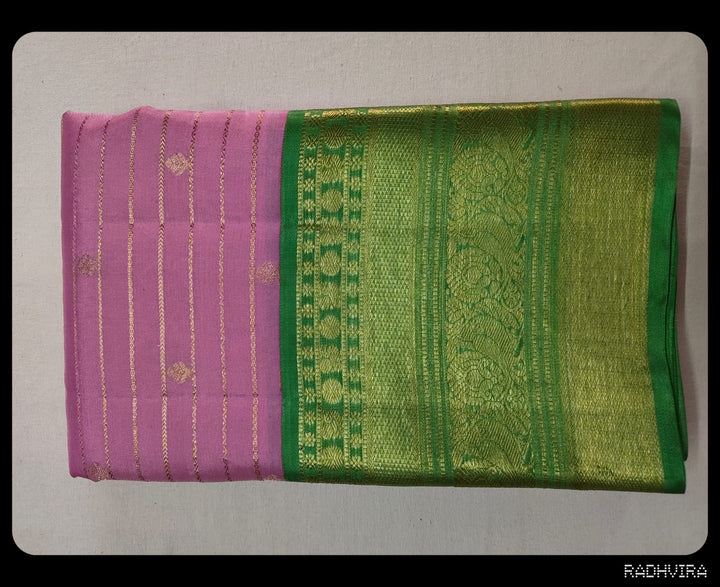 Lilac Pink Pure Kanchipuram Silk Saree with Parrot Green Border