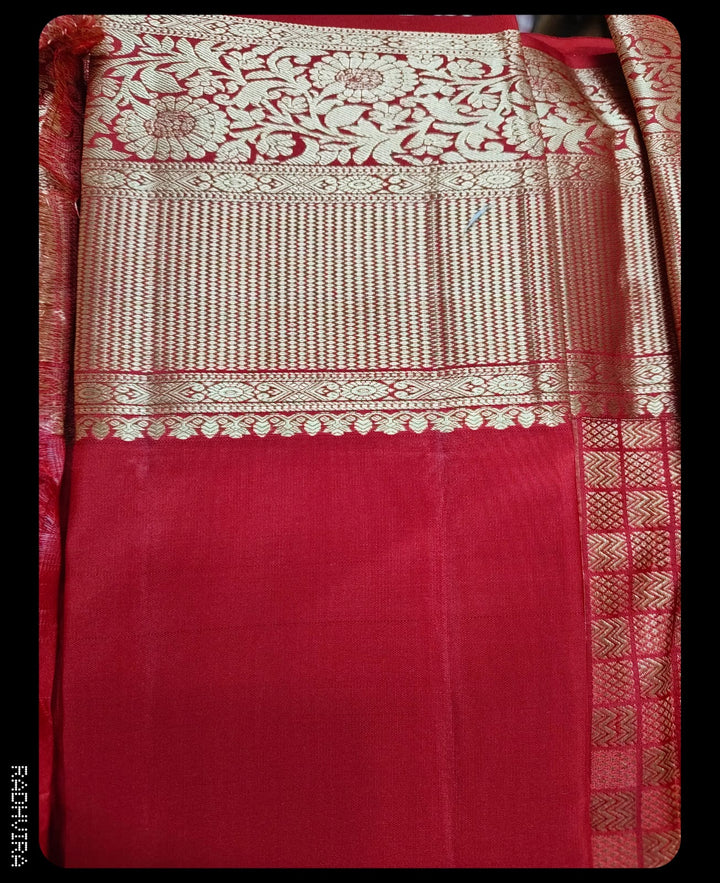 Crimson Red Pure Kanchipuram Silk Saree with All-Over Gold Zari Work