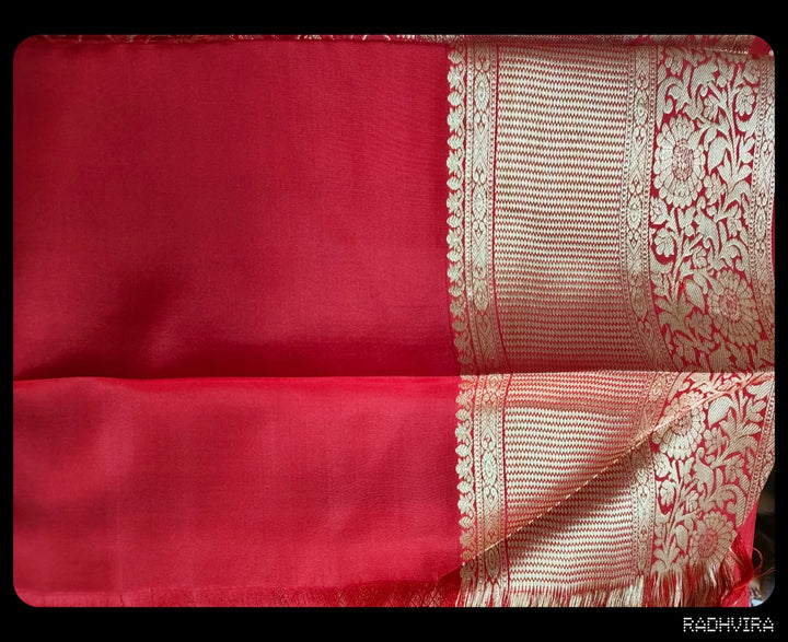 Crimson Red Pure Kanchipuram Silk Saree with All-Over Gold Zari Work