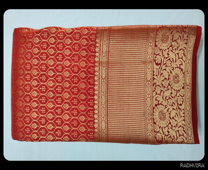 Crimson Red Pure Kanchipuram Silk Saree with All-Over Gold Zari Work