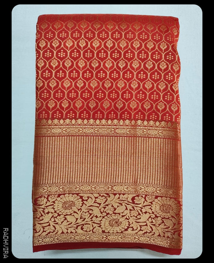 Crimson Red Pure Kanchipuram Silk Saree with All-Over Gold Zari Work