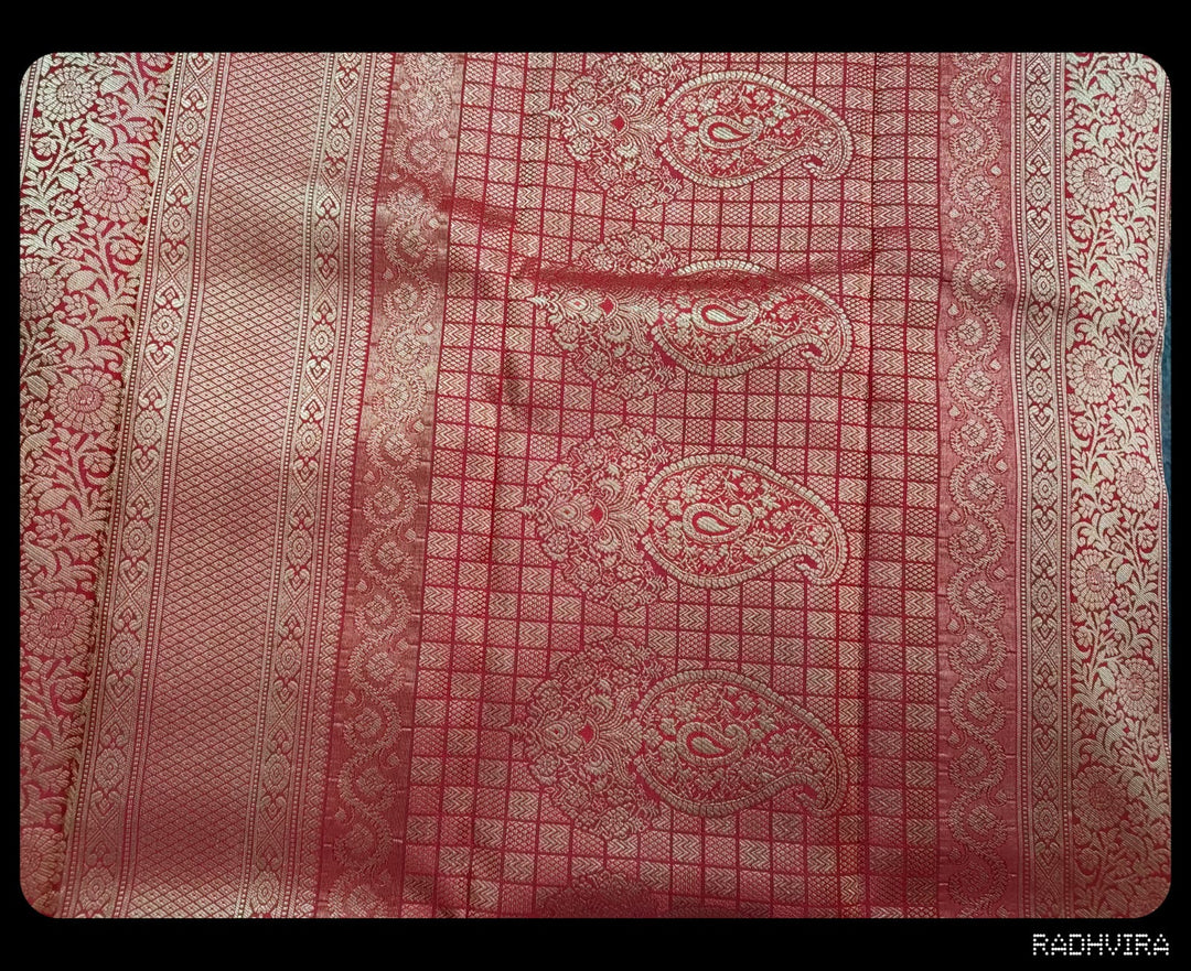 Crimson Red Pure Kanchipuram Silk Saree with All-Over Gold Zari Work