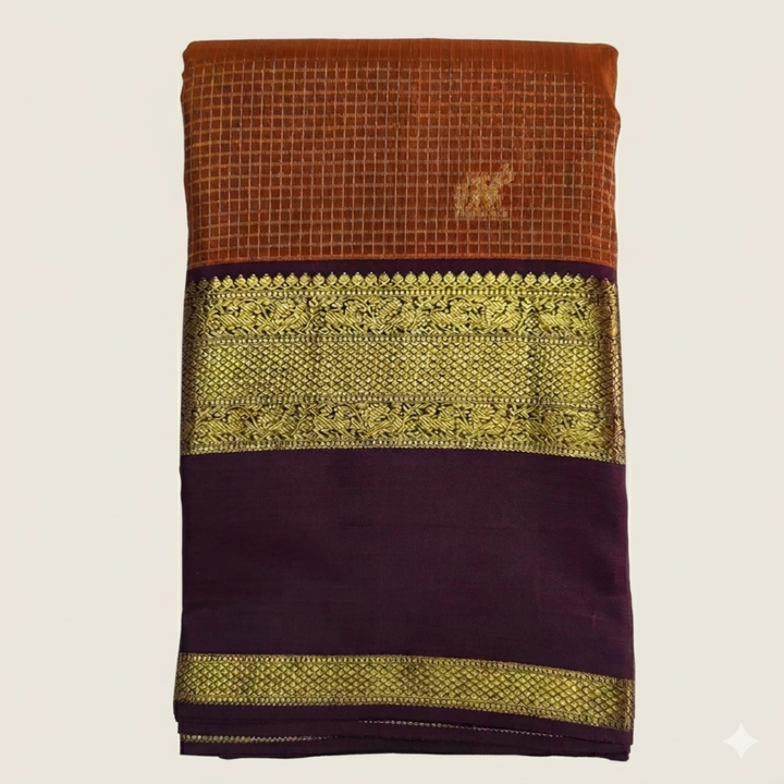 Rust Orange Pure Kanchipuram Silk Saree with Plum Border