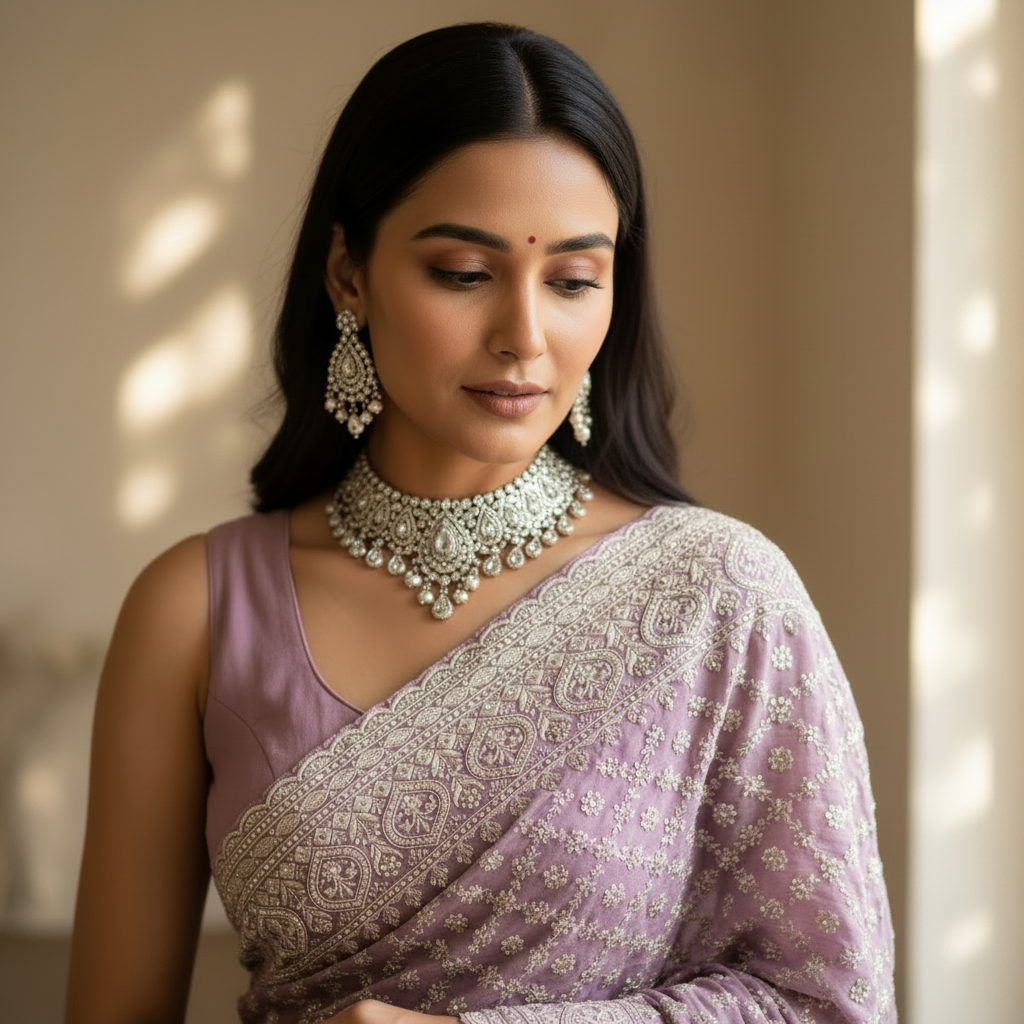 Lavender Blossom Crunchy Silk-Georgette Blend Party Wear Saree