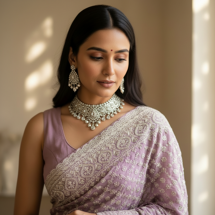 Lavender Blossom Crunchy Silk-Georgette Blend Party Wear Saree