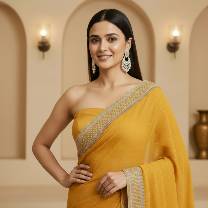 Mustard Yellow Georgette Part Wear Saree with Heavy Zari Border