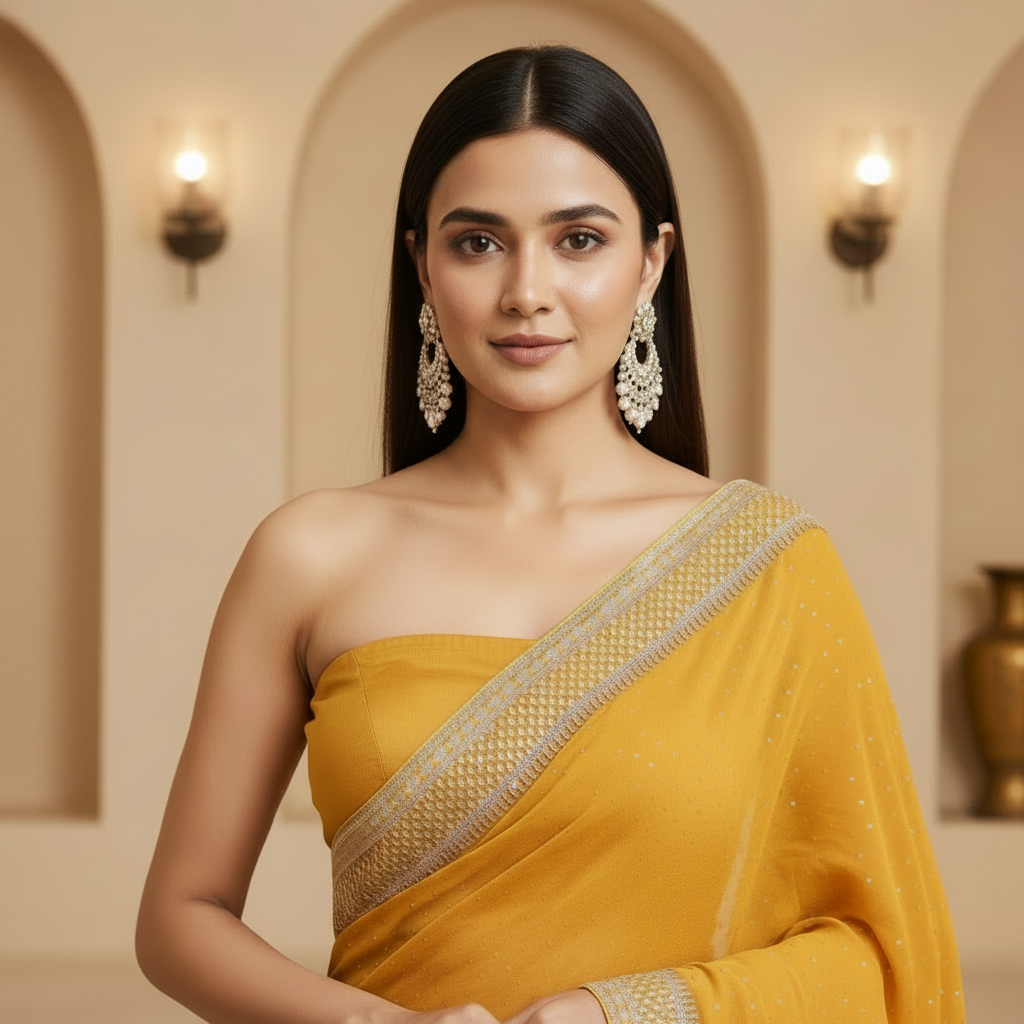 Mustard Yellow Georgette Part Wear Saree with Heavy Zari Border