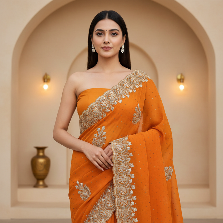 Orange Georgette Party Wear Saree with Exquisite Silver Zari &amp; Stone Embroidery