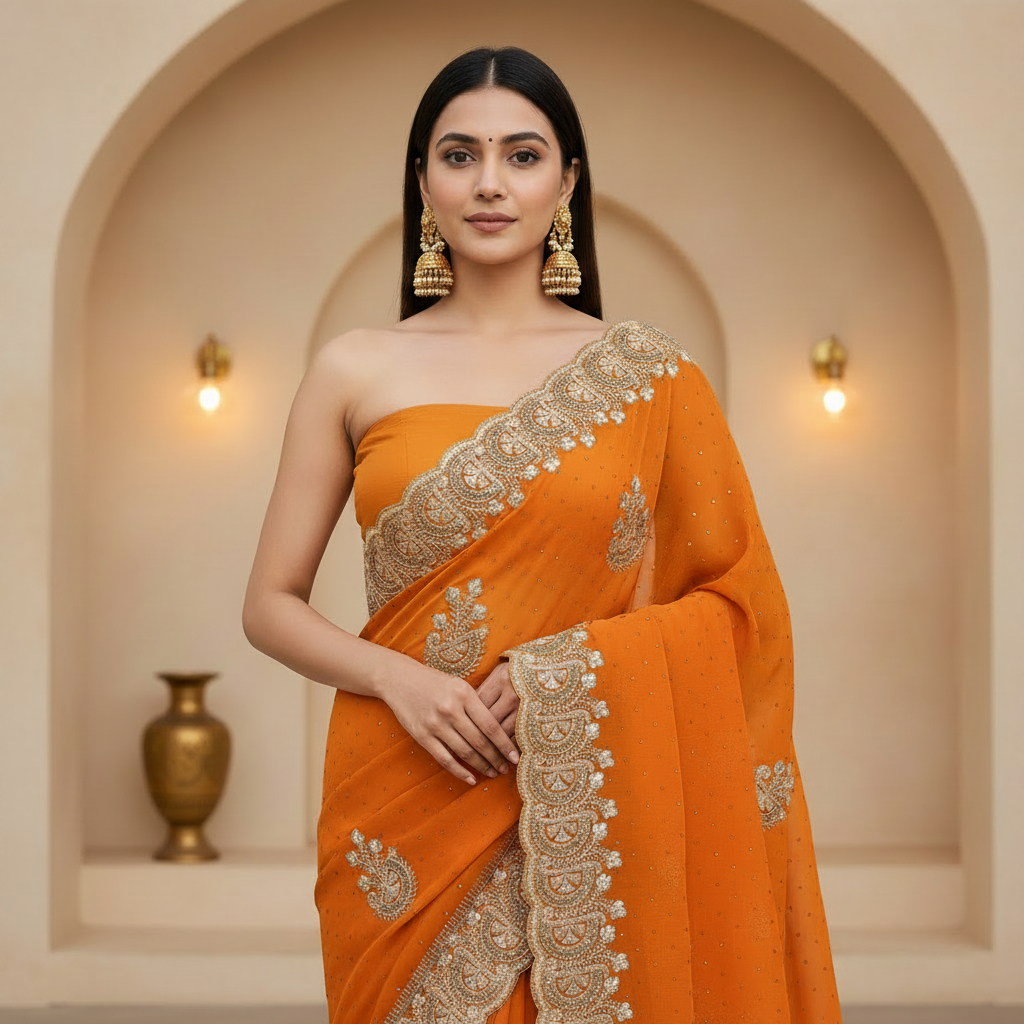 Orange Georgette Party Wear Saree with Exquisite Silver Zari &amp; Stone Embroidery