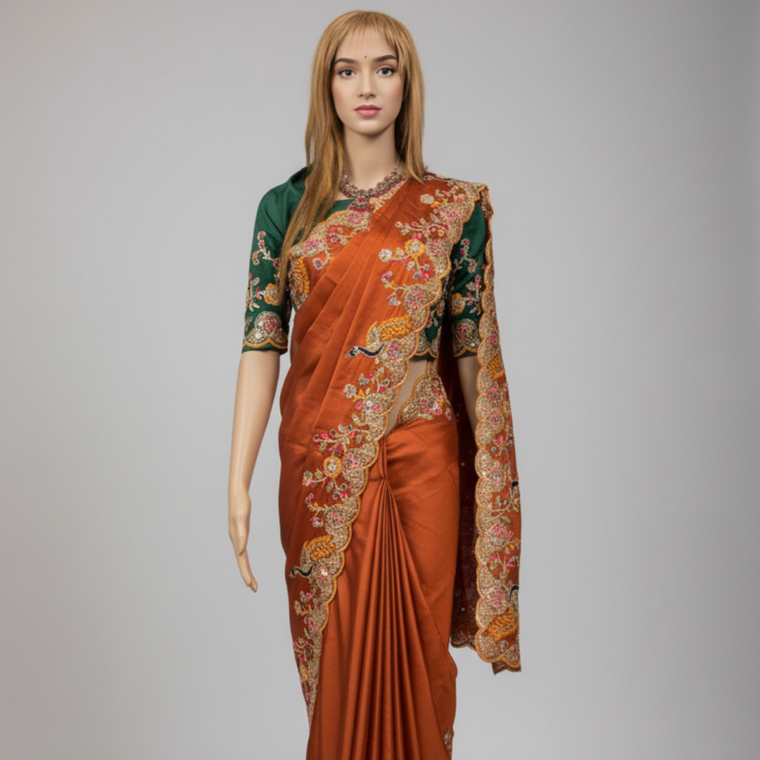Woman wearing an orange saree with intricate patterns