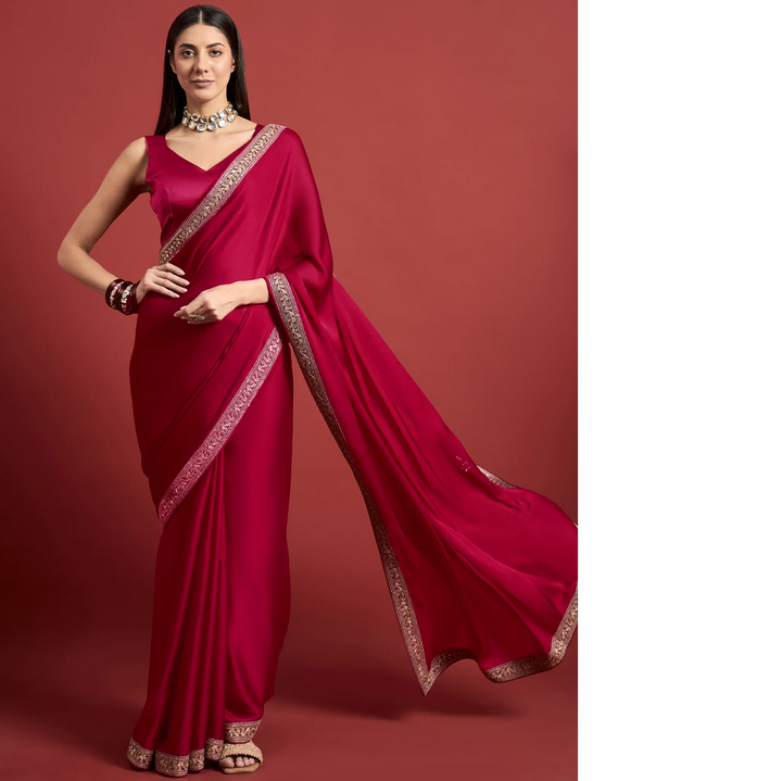 Pink Satin Solid With Embroidered Border Saree