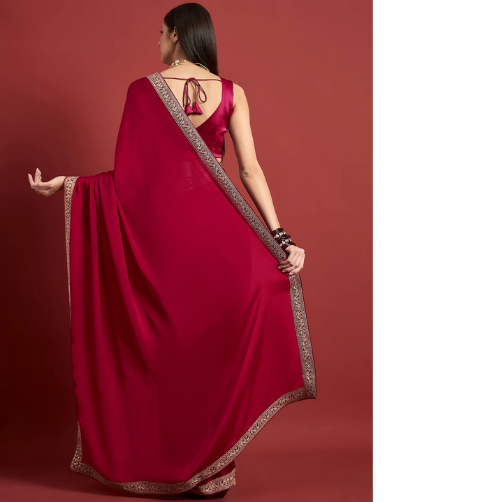 Pink Satin Solid With Embroidered Border Saree