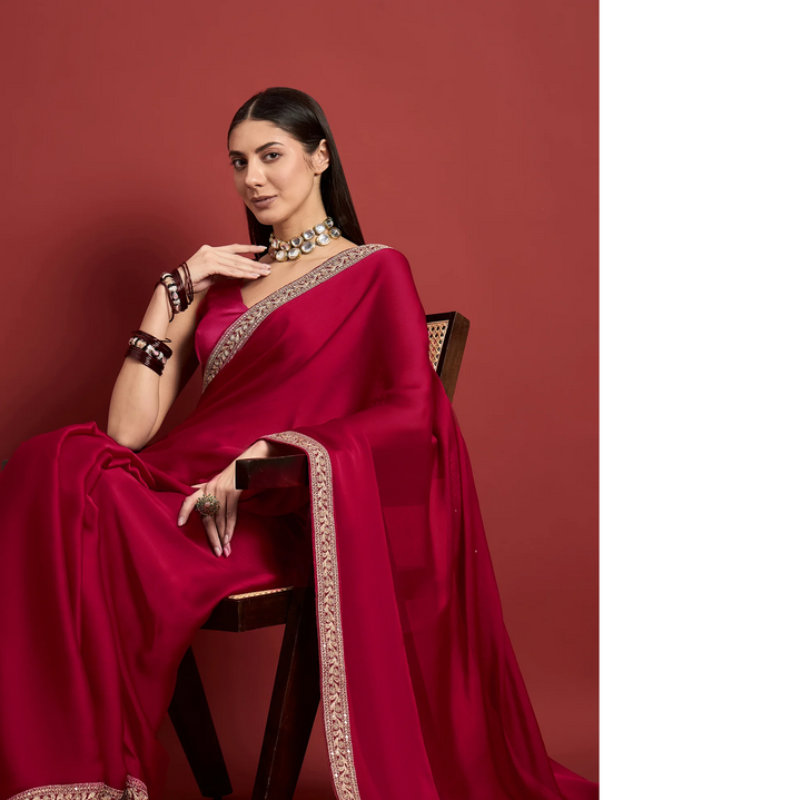 Pink Satin Solid With Embroidered Border Saree